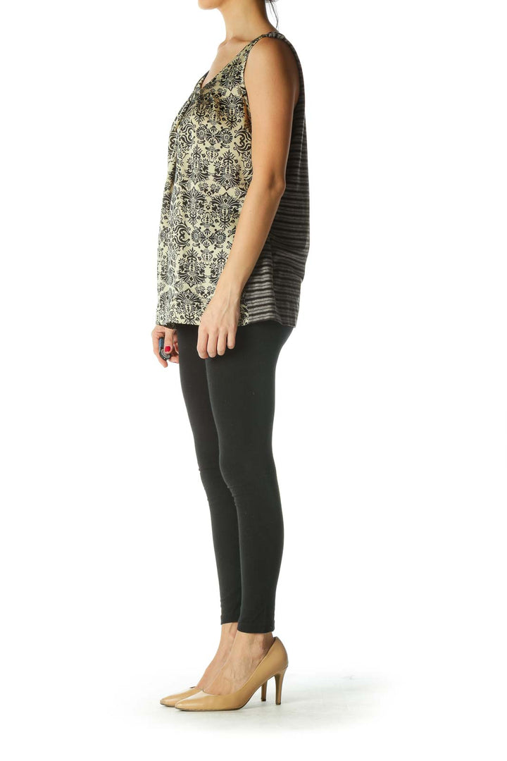 Beige Black Print Striped Mixed-Media Top