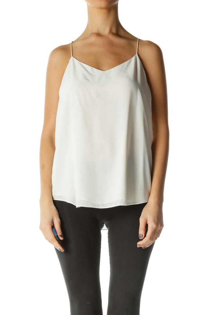 Beige Solid V Neck All Day Wear Tank Top