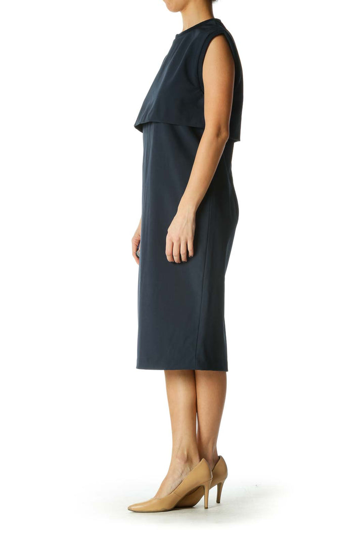 Blue Solid Crewneck Shift Dress