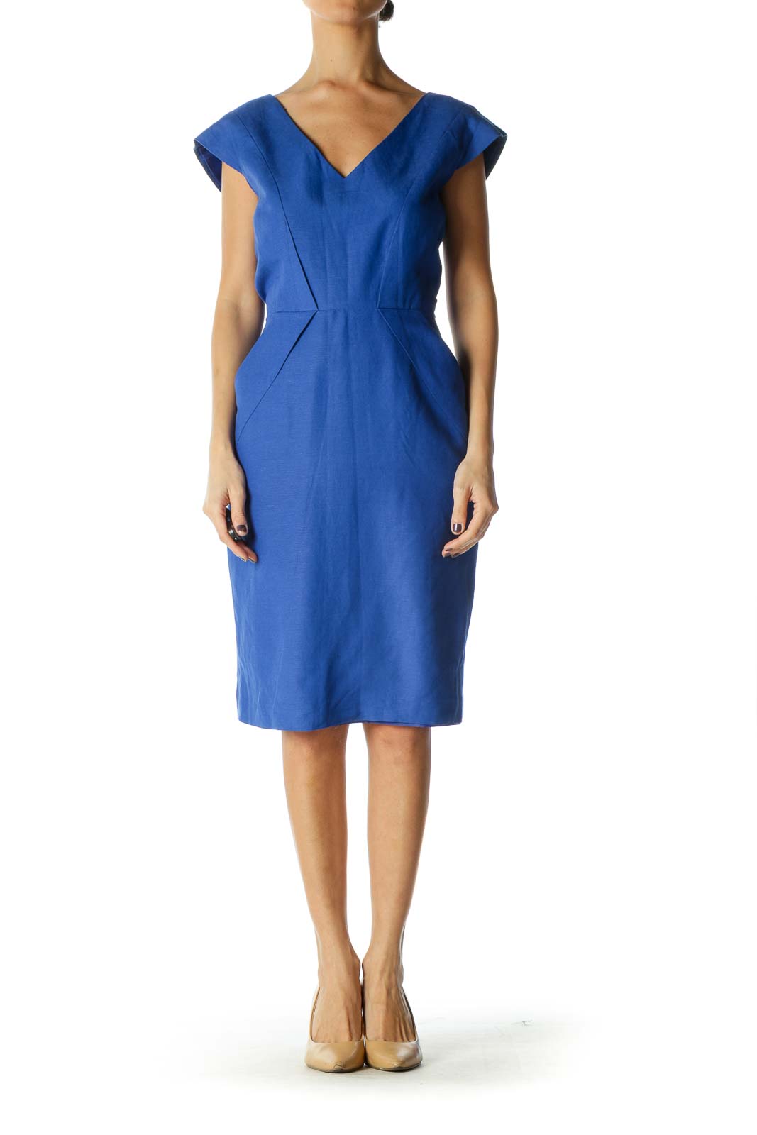 Blue Solid V Neck Sheath Dress