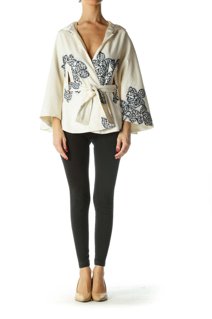 Cream Black Blue Embroidered Hooded Cape with Belt