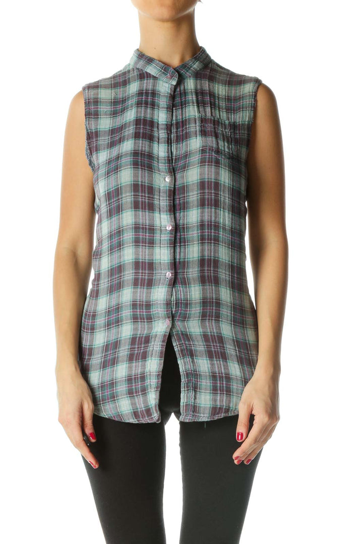 Blue White Purple Plaid Knit Sleeveless Top