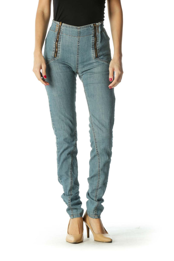 Blue Zippered Elastic Scrunch-Waist Denim Pants