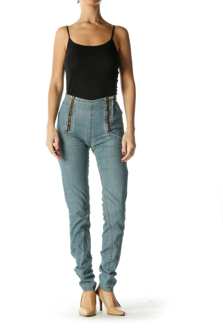 Blue Zippered Elastic Scrunch-Waist Denim Pants