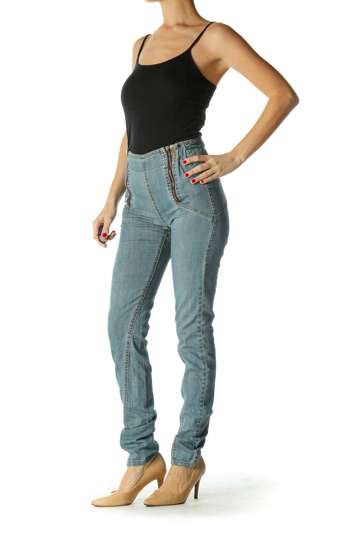 Blue Zippered Elastic Scrunch-Waist Denim Pants