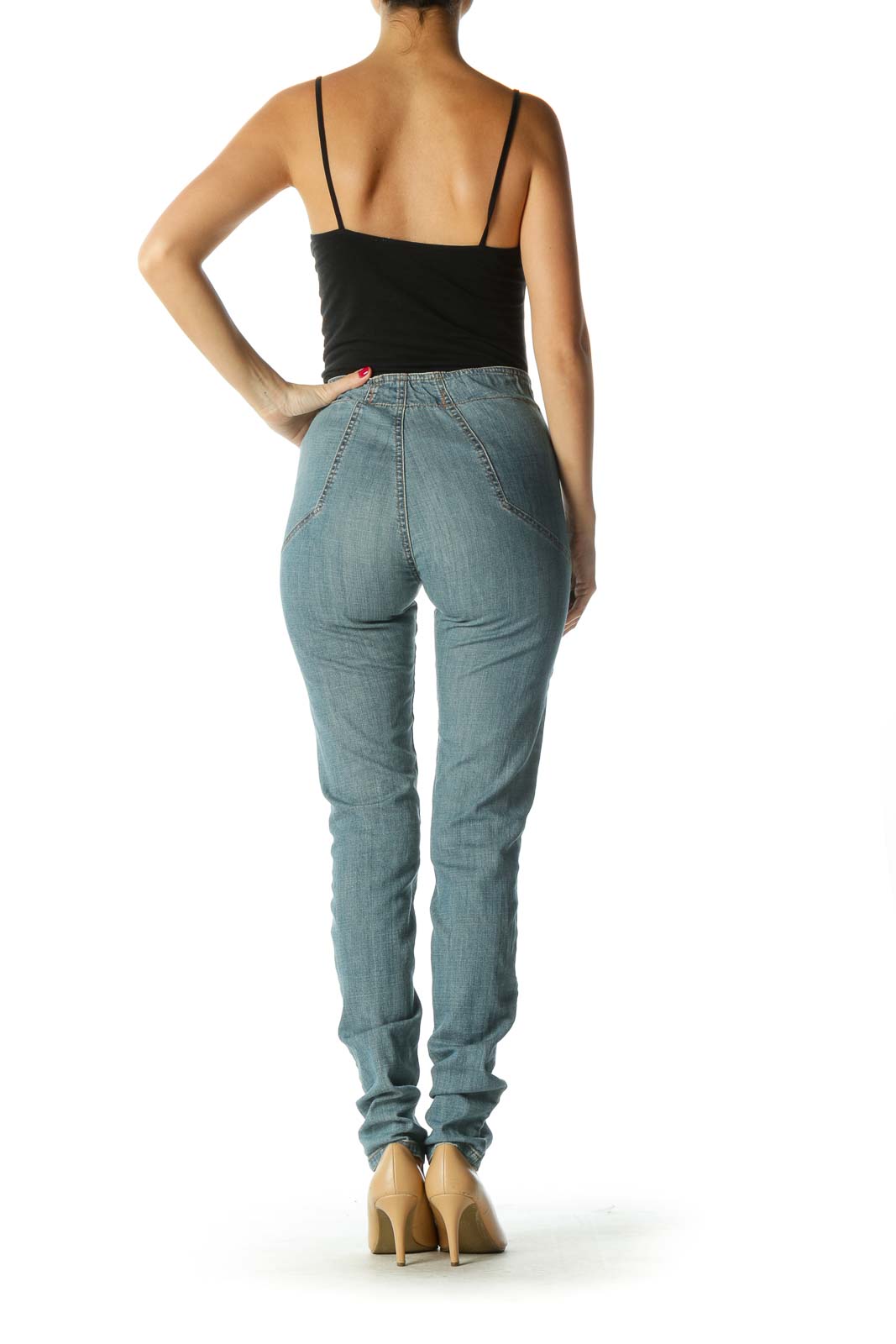 Blue Zippered Elastic Scrunch-Waist Denim Pants