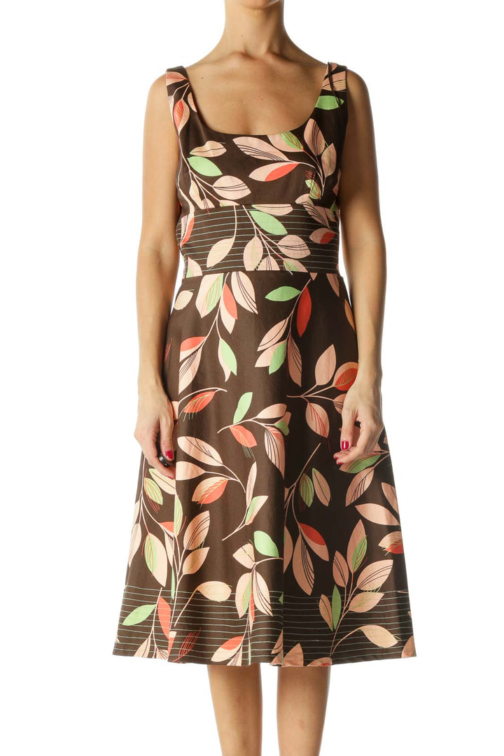 Brown Green Orange Leaf Print A-Line Dress