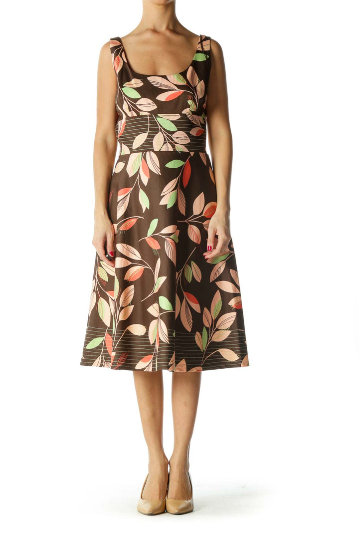 Brown Green Orange Leaf Print A-Line Dress