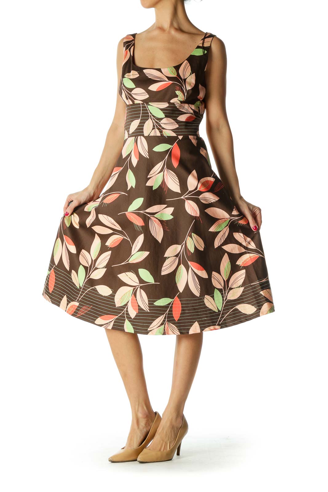 Brown Green Orange Leaf Print A-Line Dress