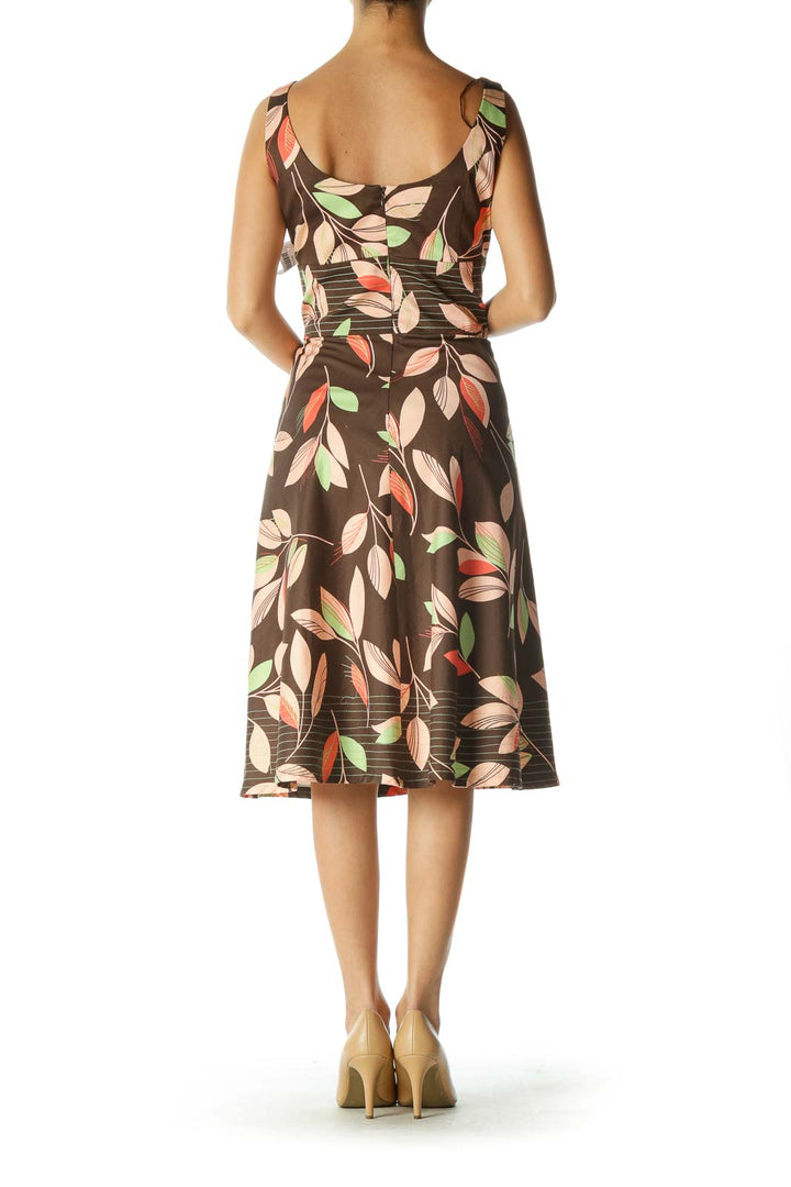 Brown Green Orange Leaf Print A-Line Dress