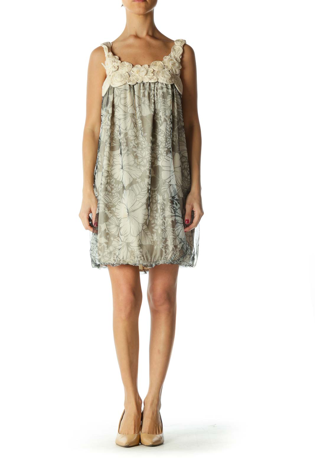 Black Cream Floral Print Sparkle Mixed-Media Dress