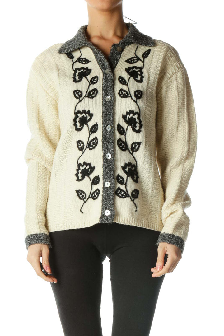 Cream Wool Embroidered Knit Sweater