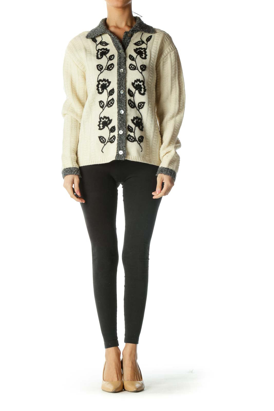 Cream Wool Embroidered Knit Sweater