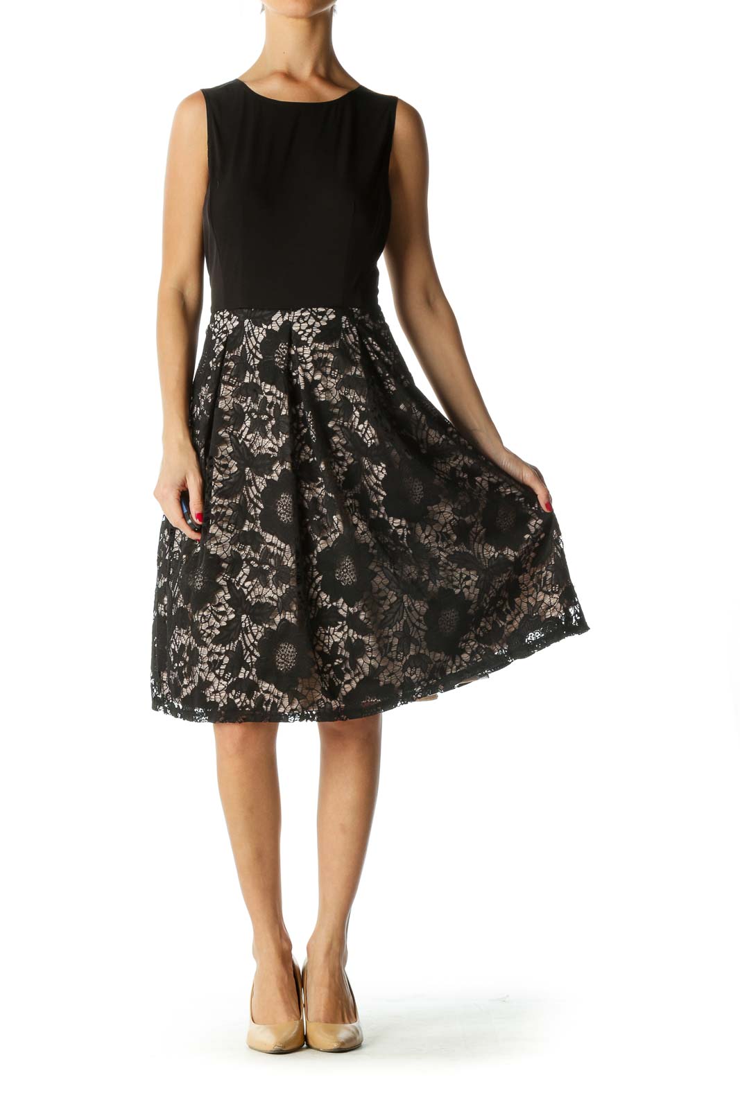 Beige and Black Lace Skirt Dress