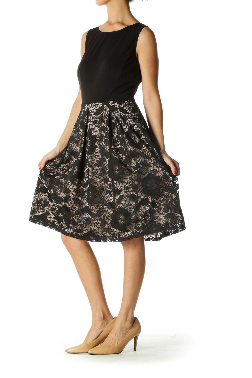 Beige and Black Lace Skirt Dress