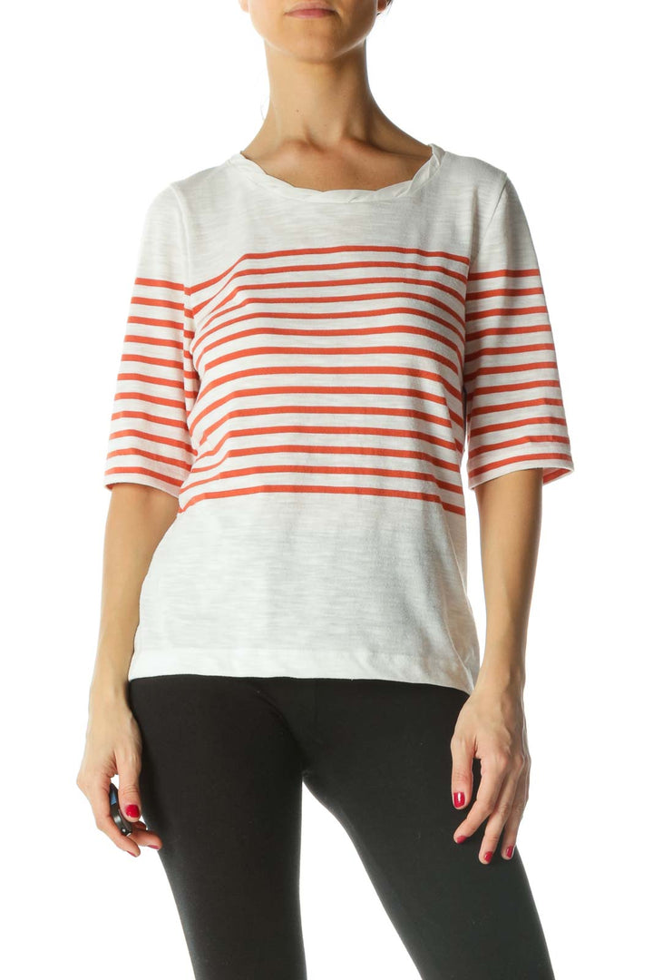 Cream Orange Neckline Detail Striped Top