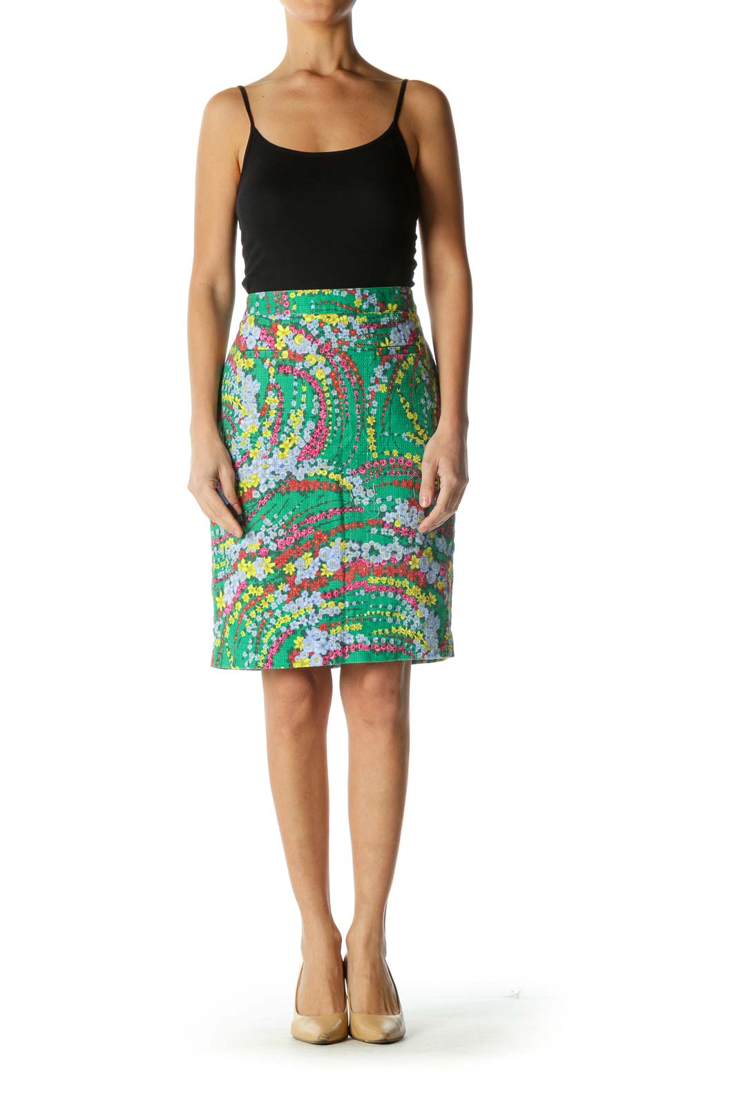 Green Multicolor Floral Print Pencil Skirt