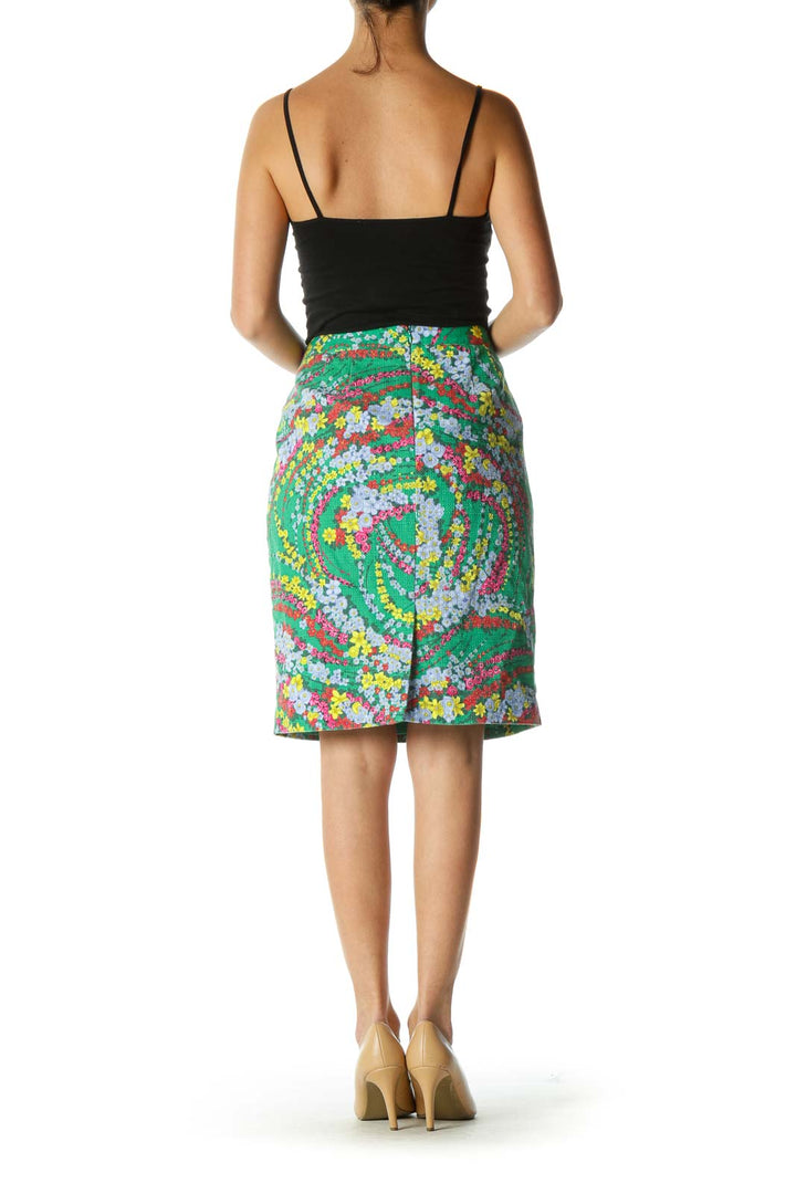 Green Multicolor Floral Print Pencil Skirt