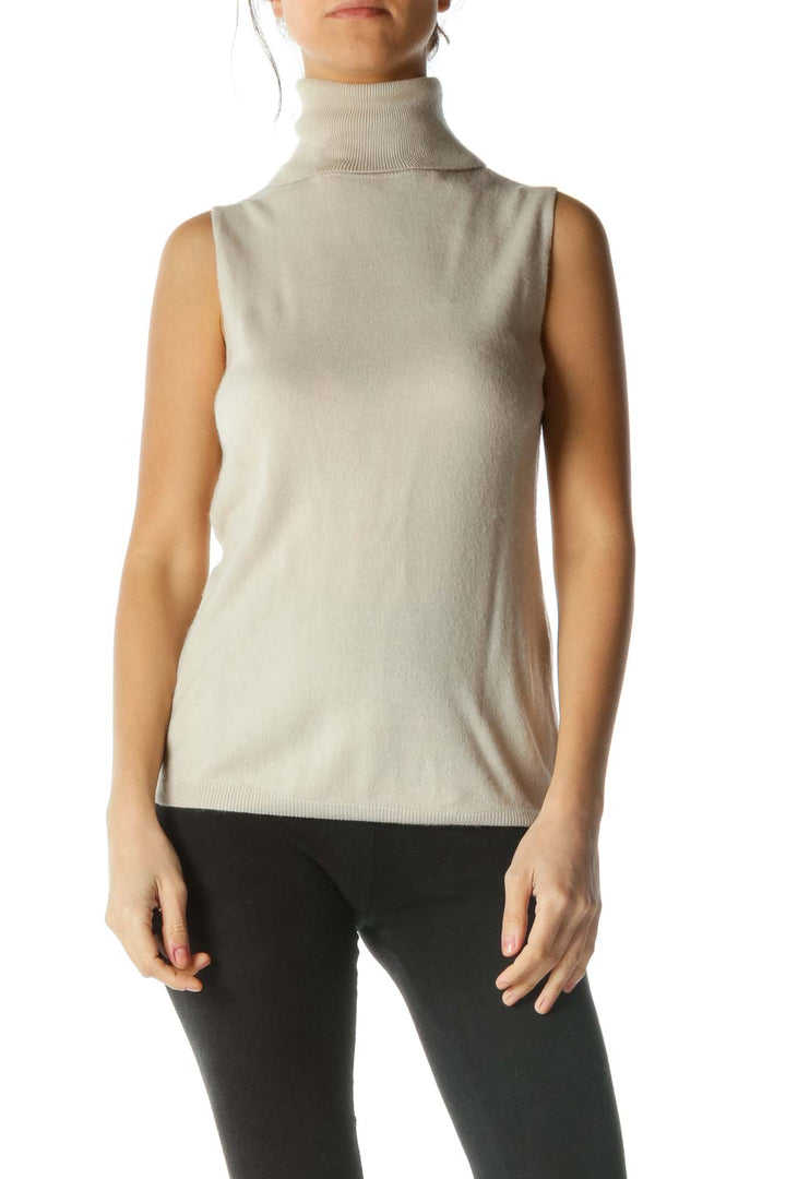 Beige Turtle Neck Soft Sleeveless Top