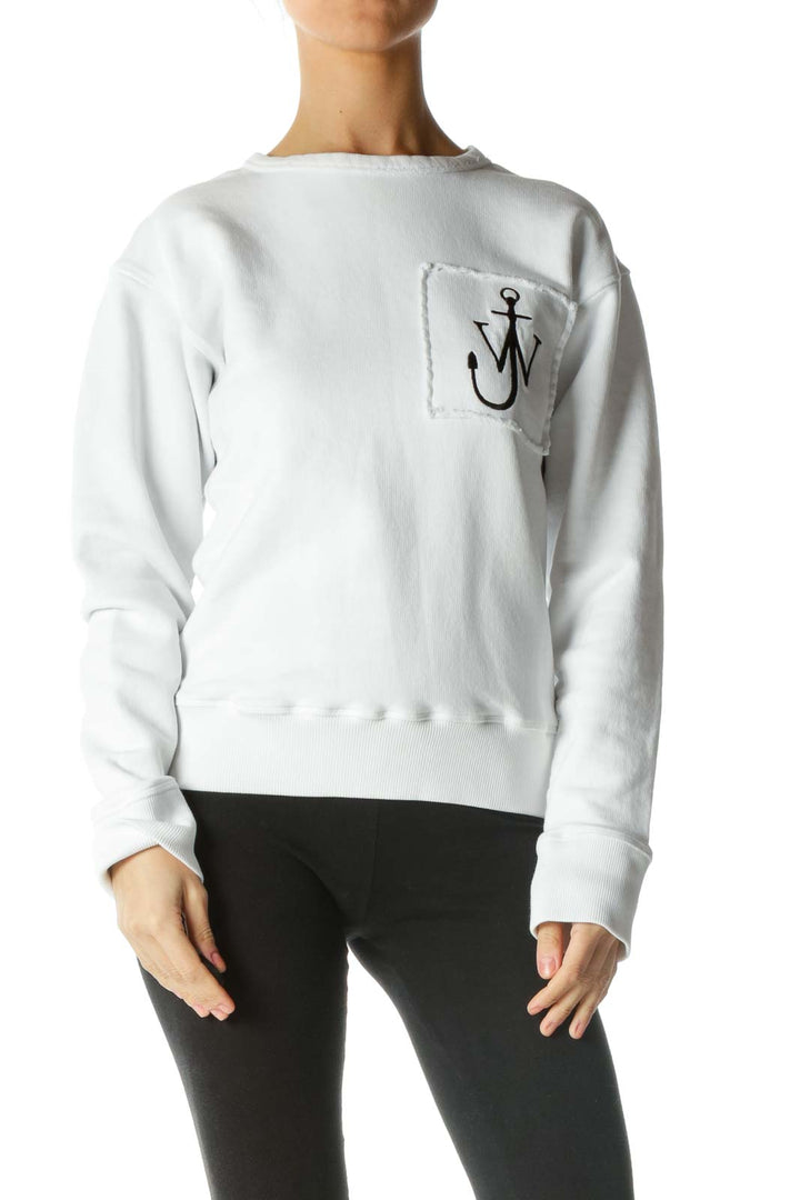 White 100% Cotton Embroidered Logo Crewneck