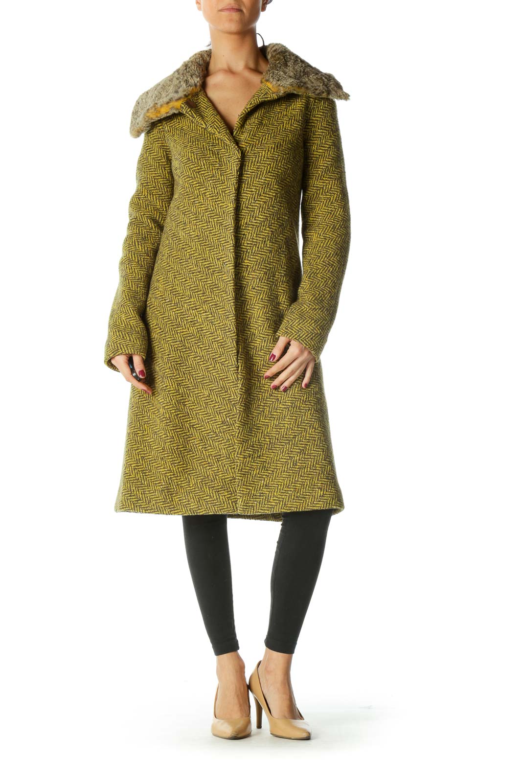 Yellow Gray 100% Wool Hook Closure Collared Coat