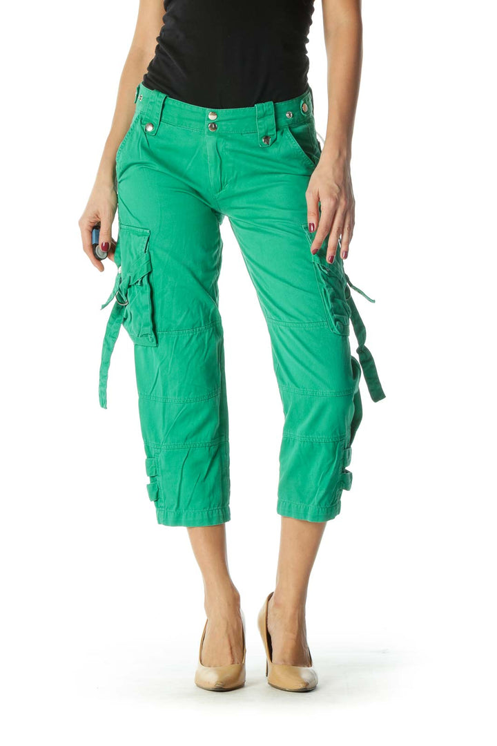 Green Snap Buttons Pocketed Cropped Pants