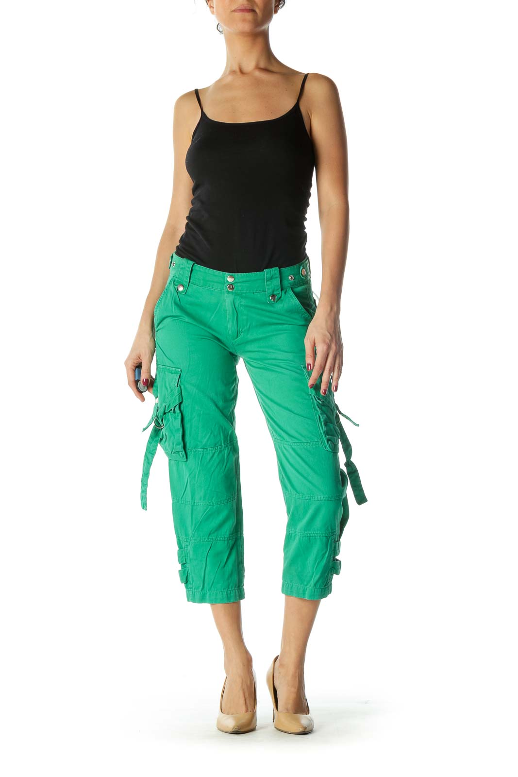 Green Snap Buttons Pocketed Cropped Pants