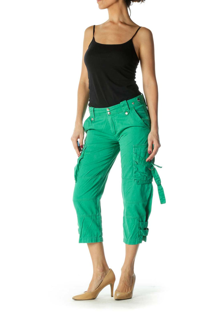 Green Snap Buttons Pocketed Cropped Pants