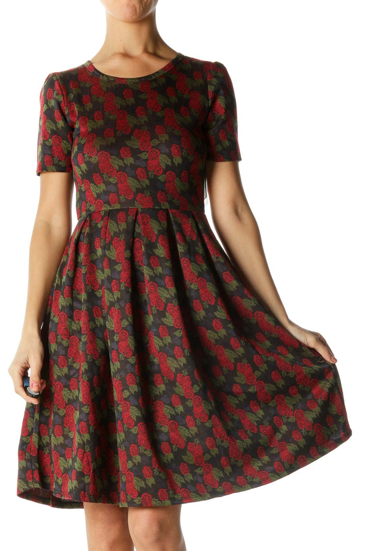 Black and Red Rose Print Dress