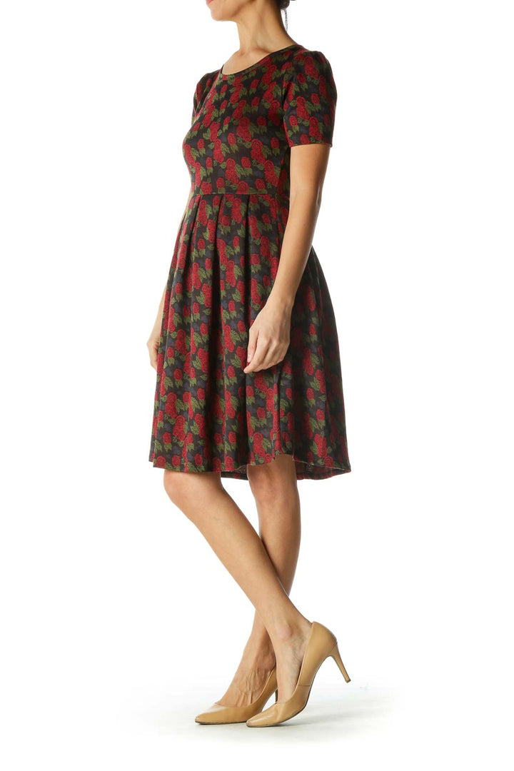 Black and Red Rose Print Dress