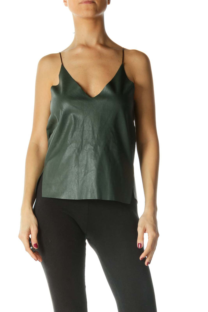 Green Leather Deep V-Neck Spaghetti Strap Blouse