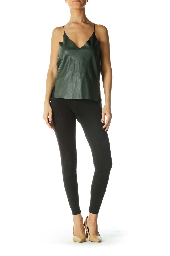 Green Leather Deep V-Neck Spaghetti Strap Blouse