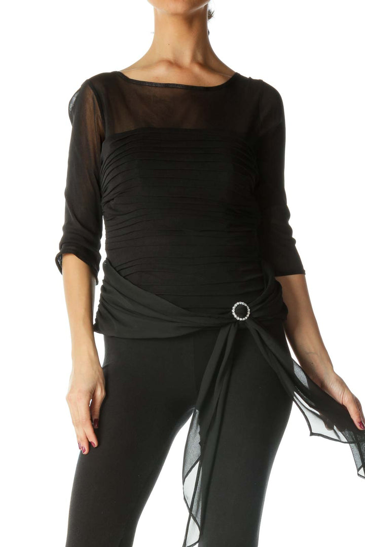 Black Pleated Boat Neck Knit Top