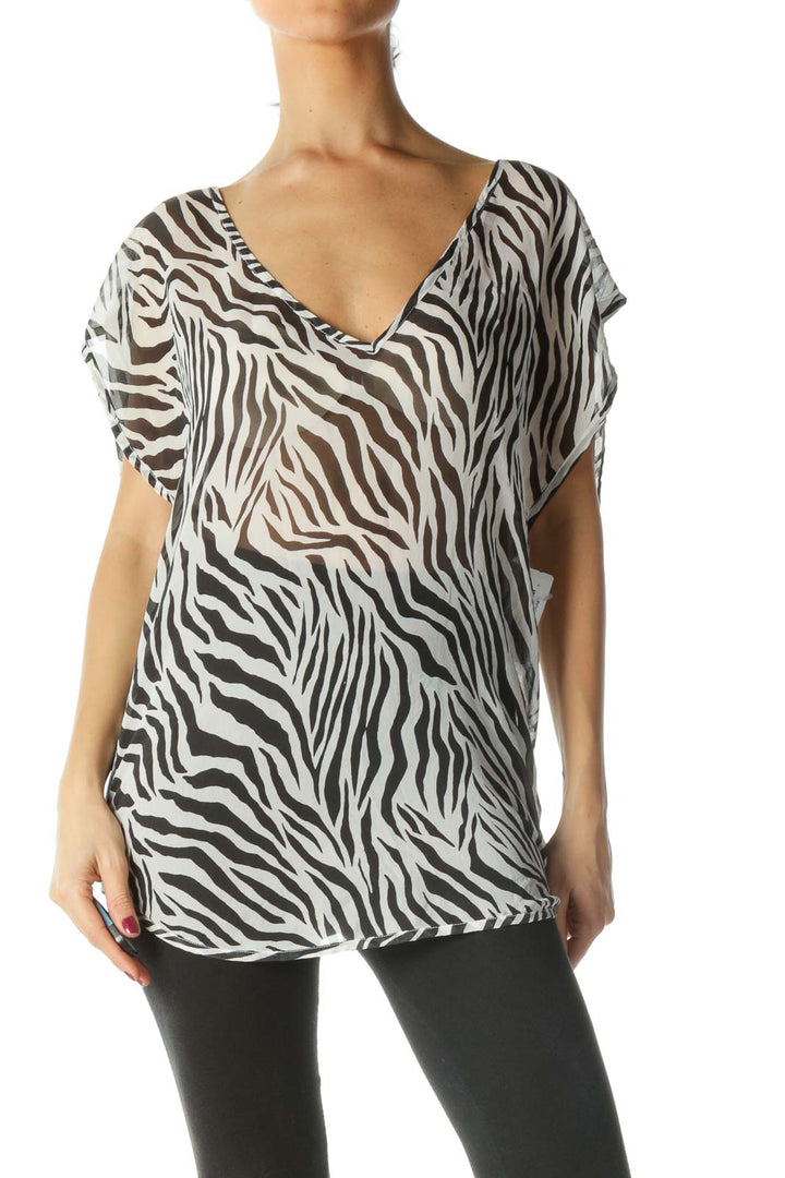 Black and White Zebra Print See Through Deep V-Neck Blouse