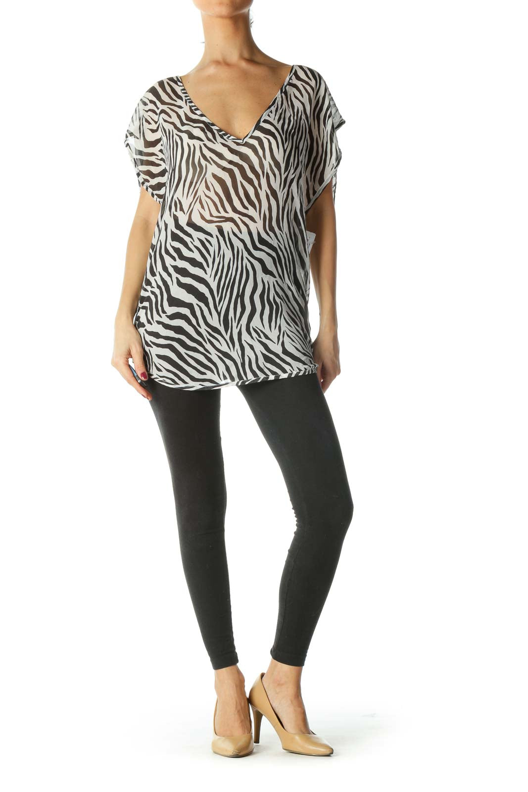 Black and White Zebra Print See Through Deep V-Neck Blouse