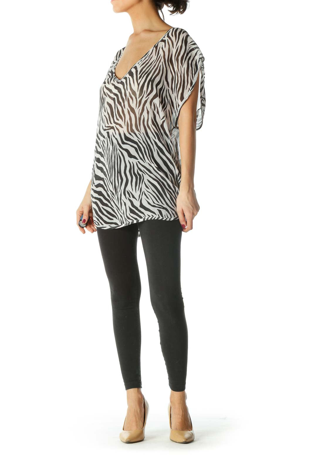 Black and White Zebra Print See Through Deep V-Neck Blouse