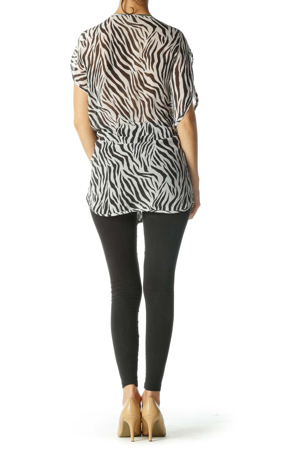 Black and White Zebra Print See Through Deep V-Neck Blouse