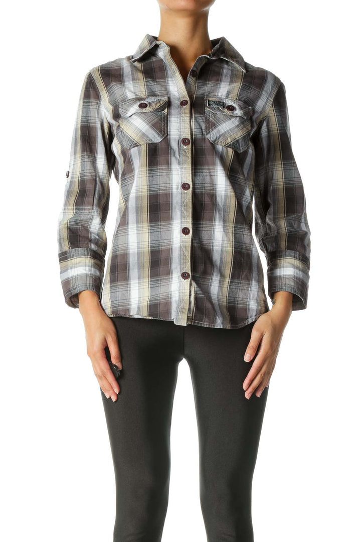 Gray, Beige, And White Plaid Button-Down Shirt