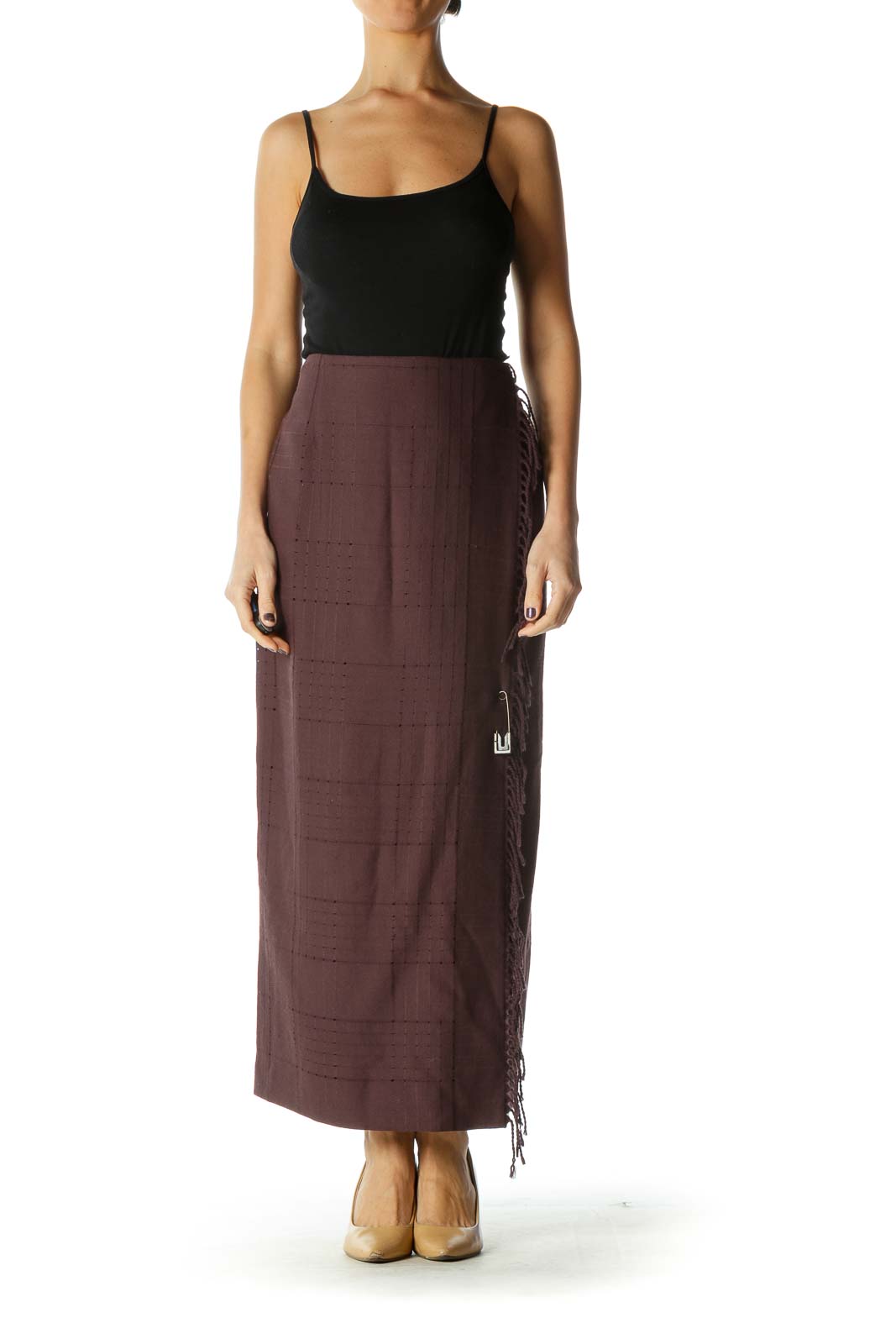 Brown Wool Fringe Straight Skirt