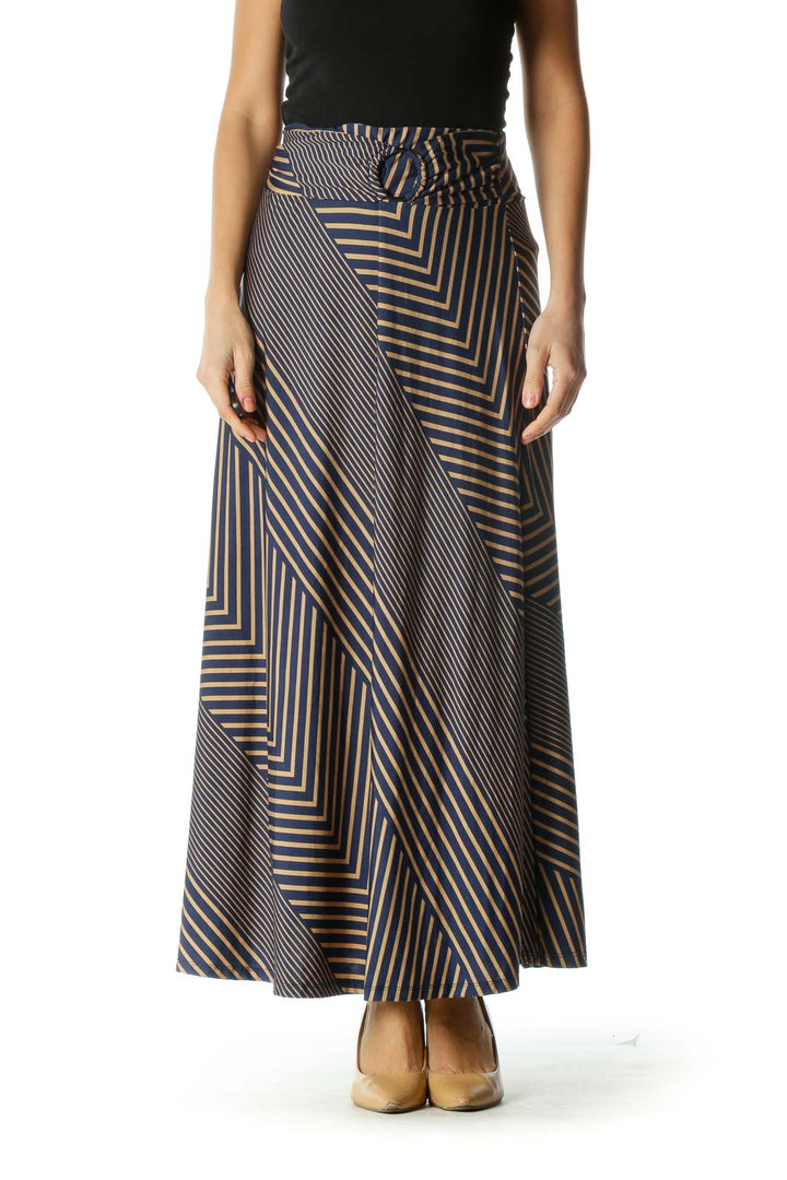 Blue and Brown Striped Flowy Maxi Skirt