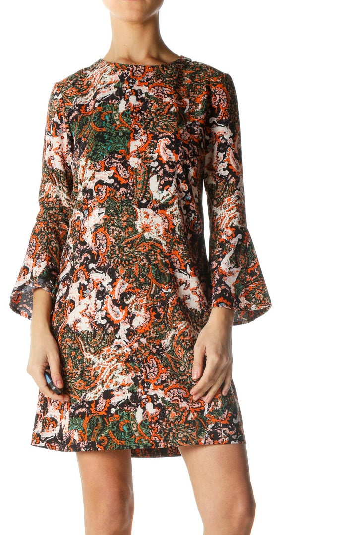 Orange Multicolor Bell Sleeve Shift Dress