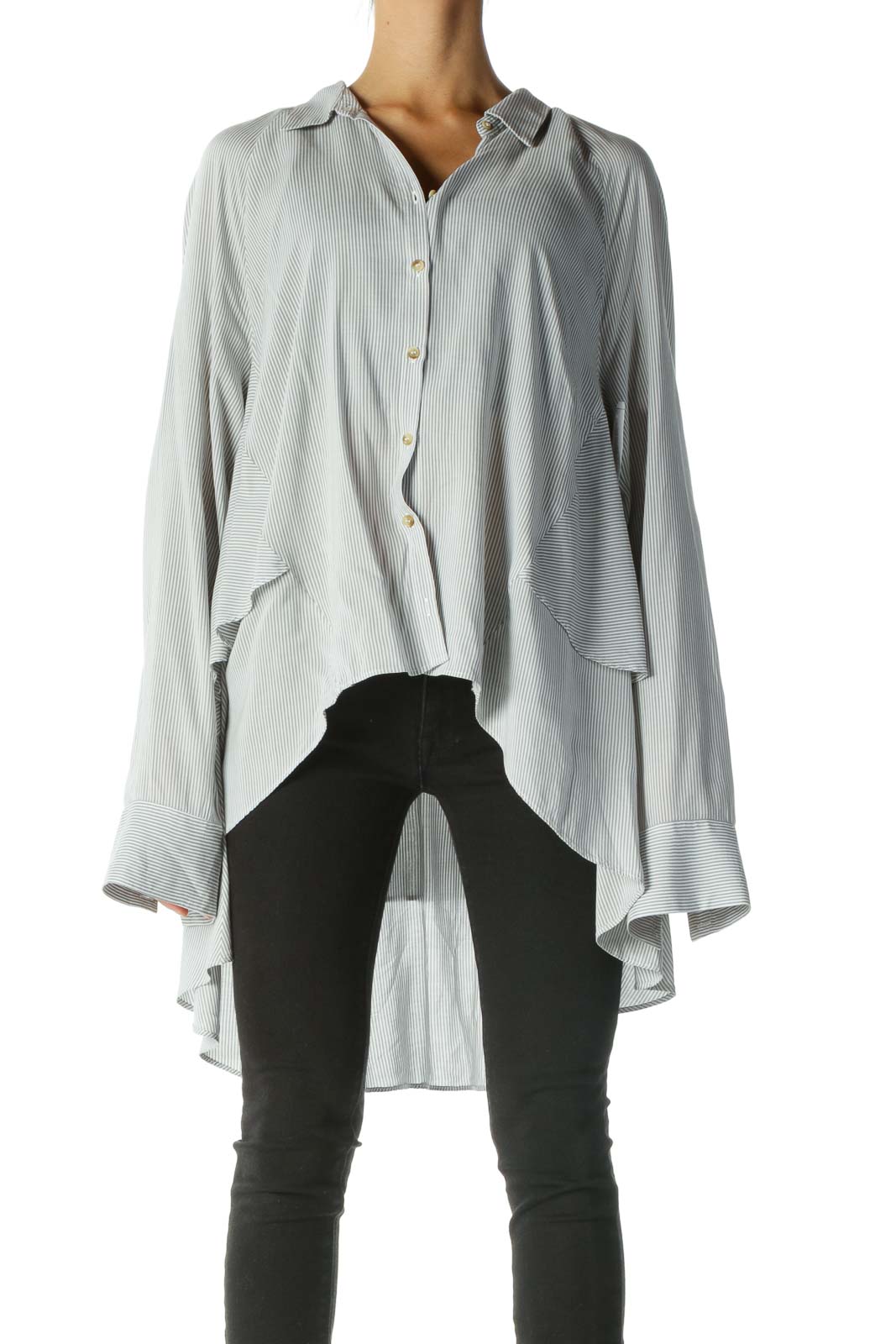 Front view of light blue flowy button-down shirt from Free People