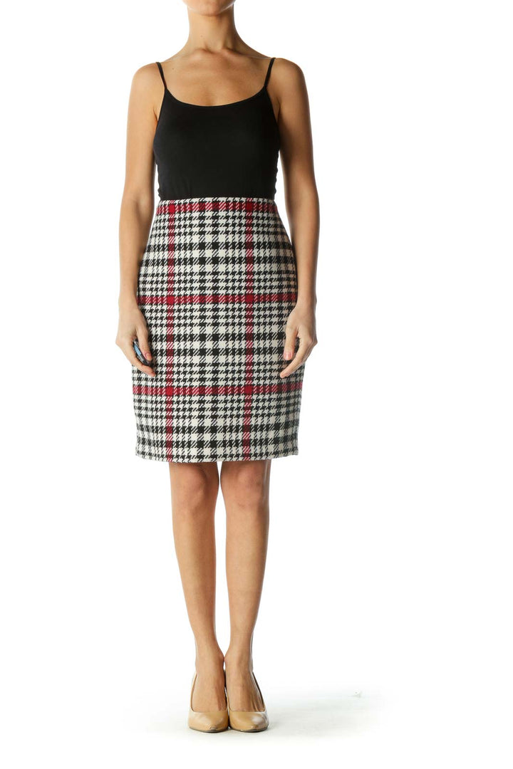 Black Burgundy and White Houndstooth Print Pencil Skirt