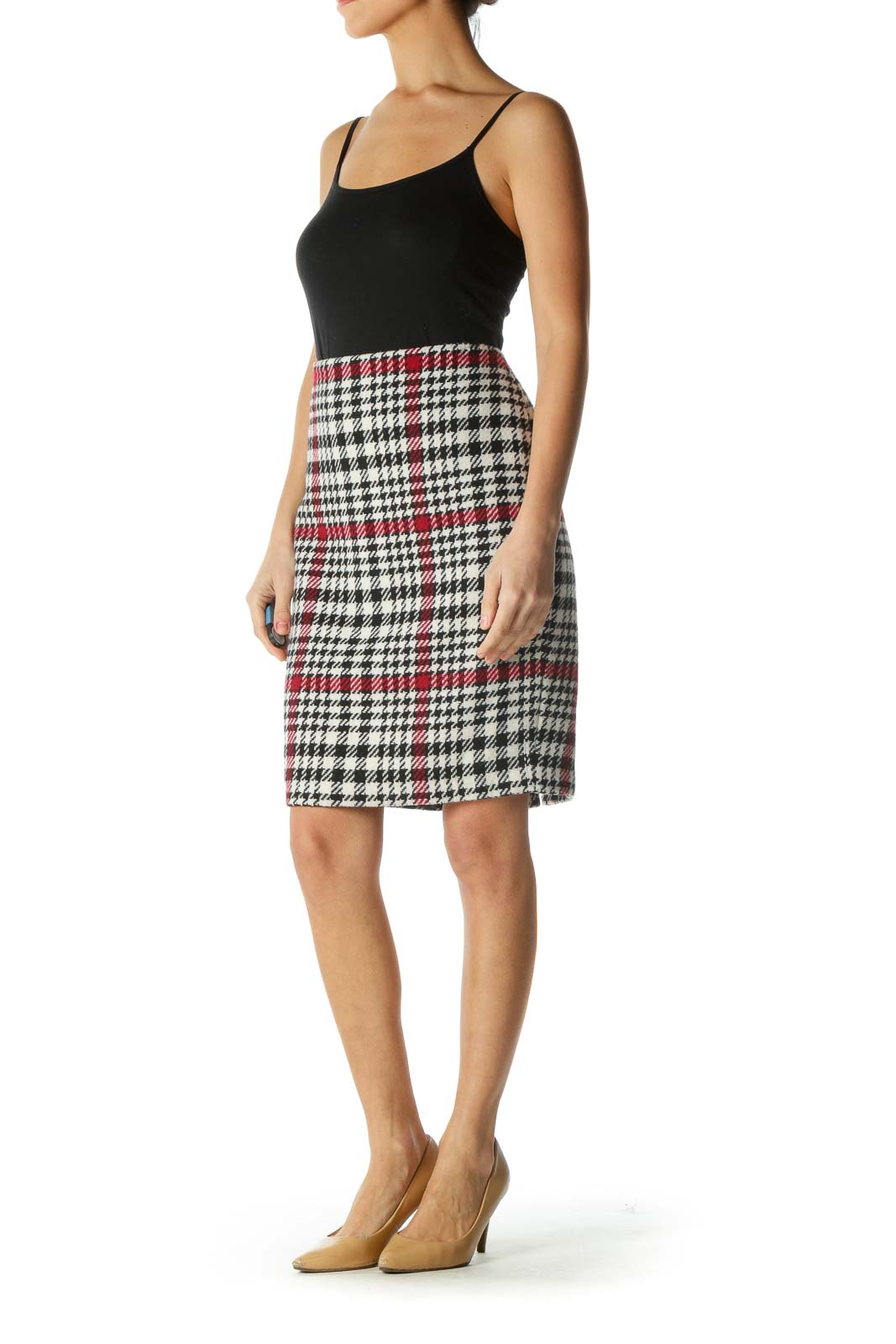 Black Burgundy and White Houndstooth Print Pencil Skirt