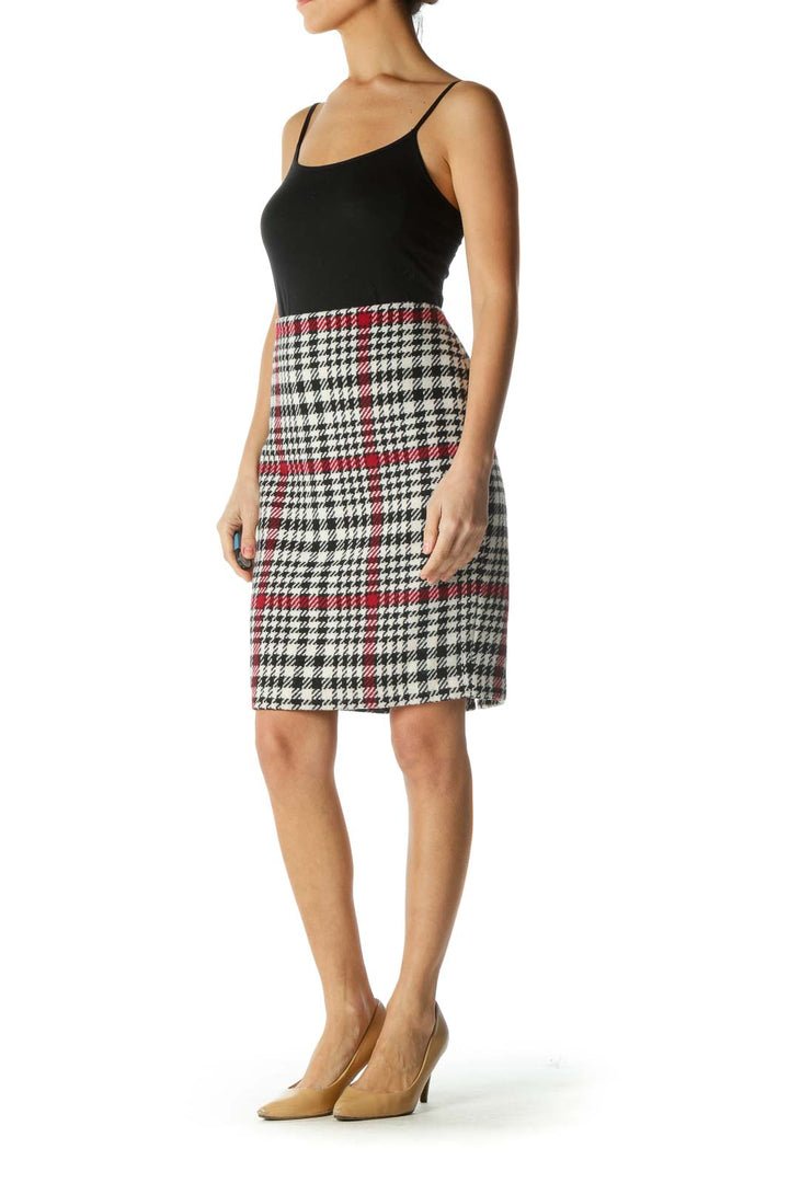 Black Burgundy and White Houndstooth Print Pencil Skirt