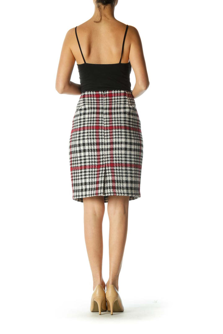 Black Burgundy and White Houndstooth Print Pencil Skirt