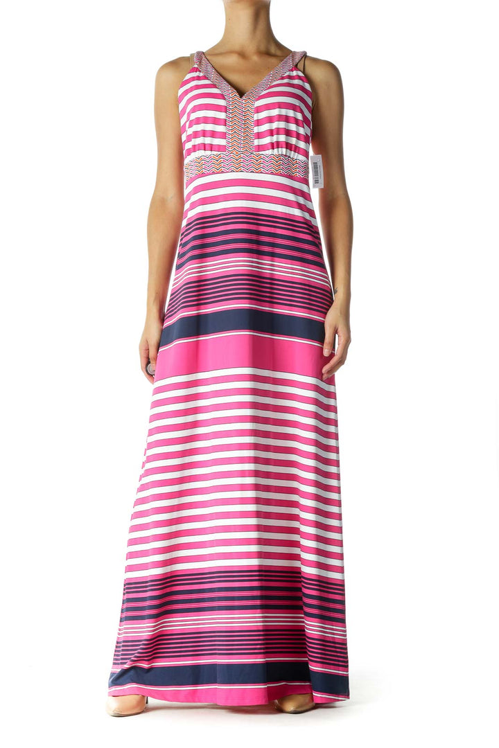 Pink and Navy Multicolor Striped Maxi Dress