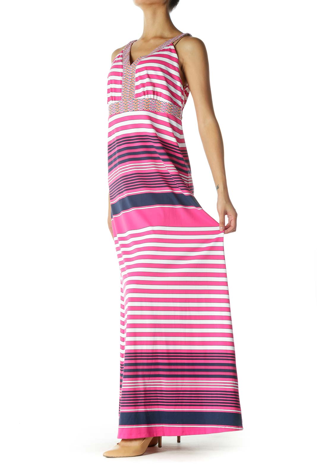 Pink and Navy Multicolor Striped Maxi Dress