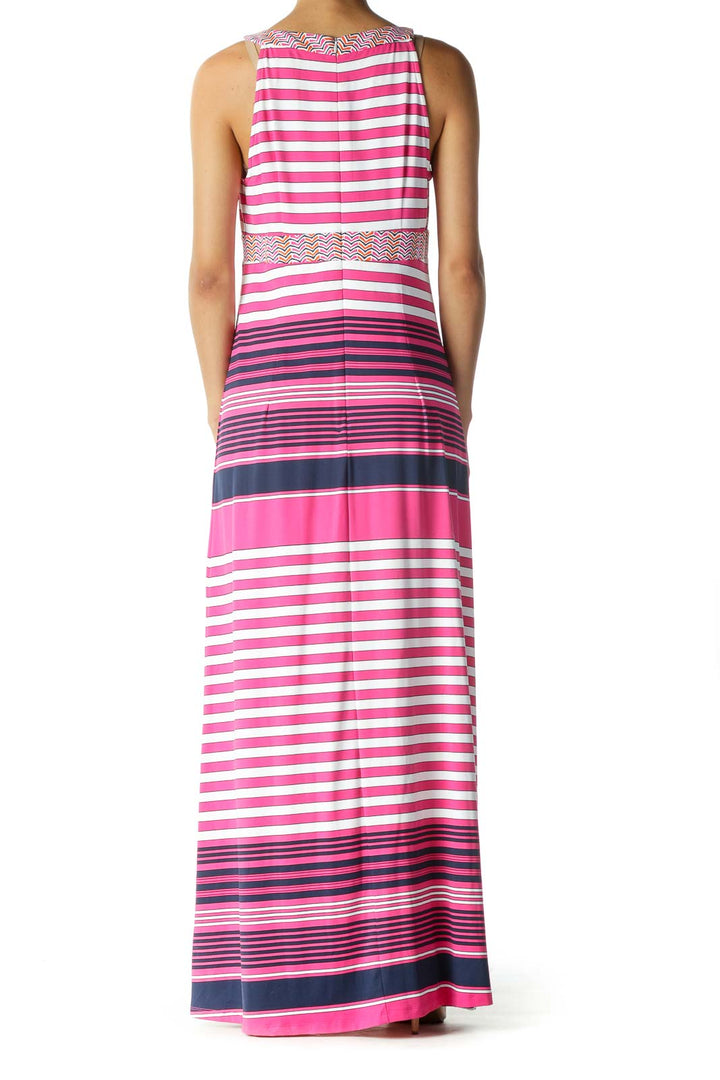 Pink and Navy Multicolor Striped Maxi Dress