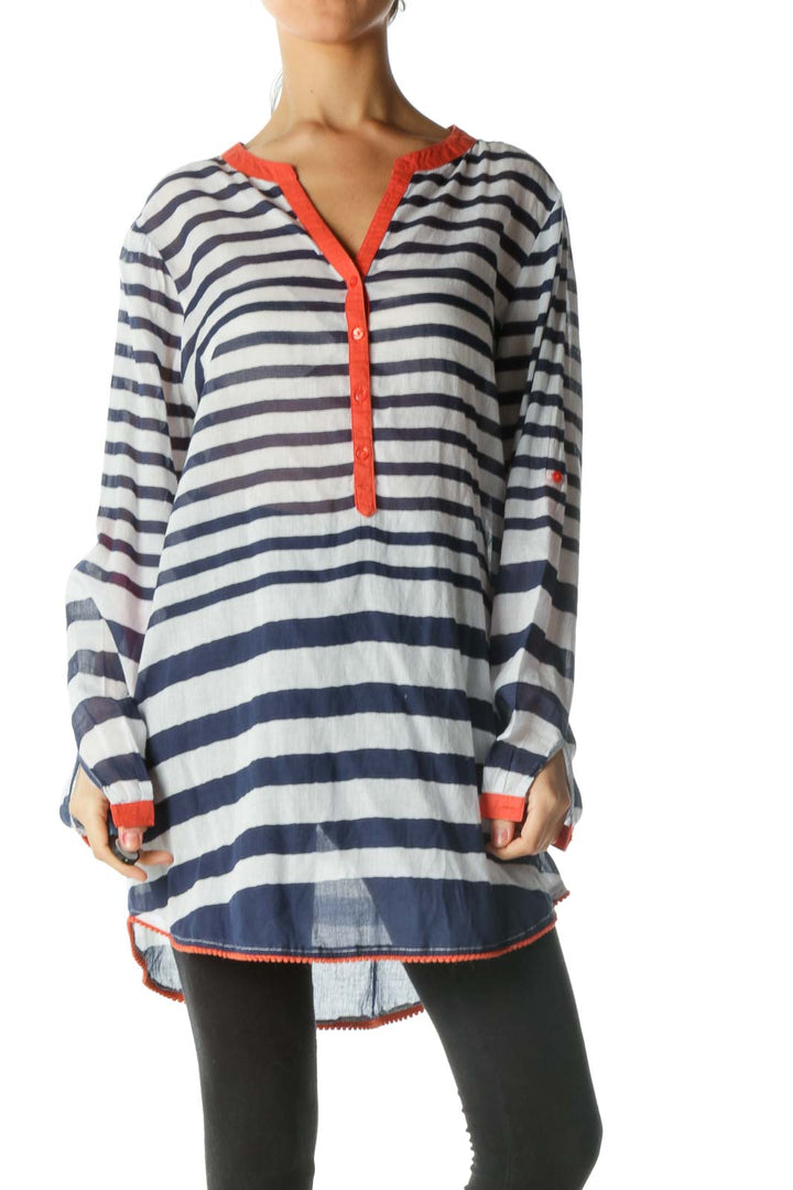 Blue and White Striped Sheer Long Sleeve Shirt